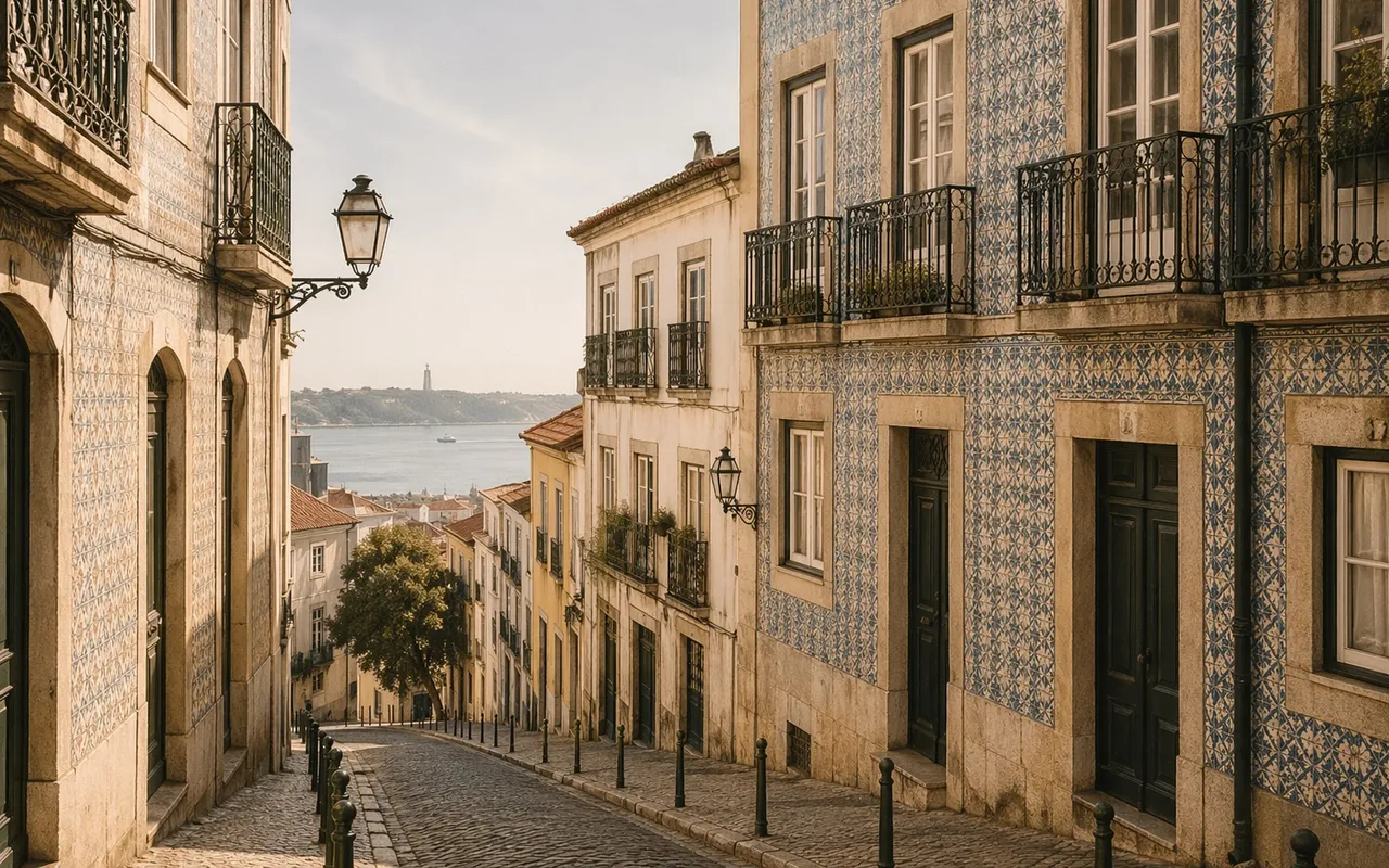 Lisbon street with traditional Portuguese azulejo tiled buildings
